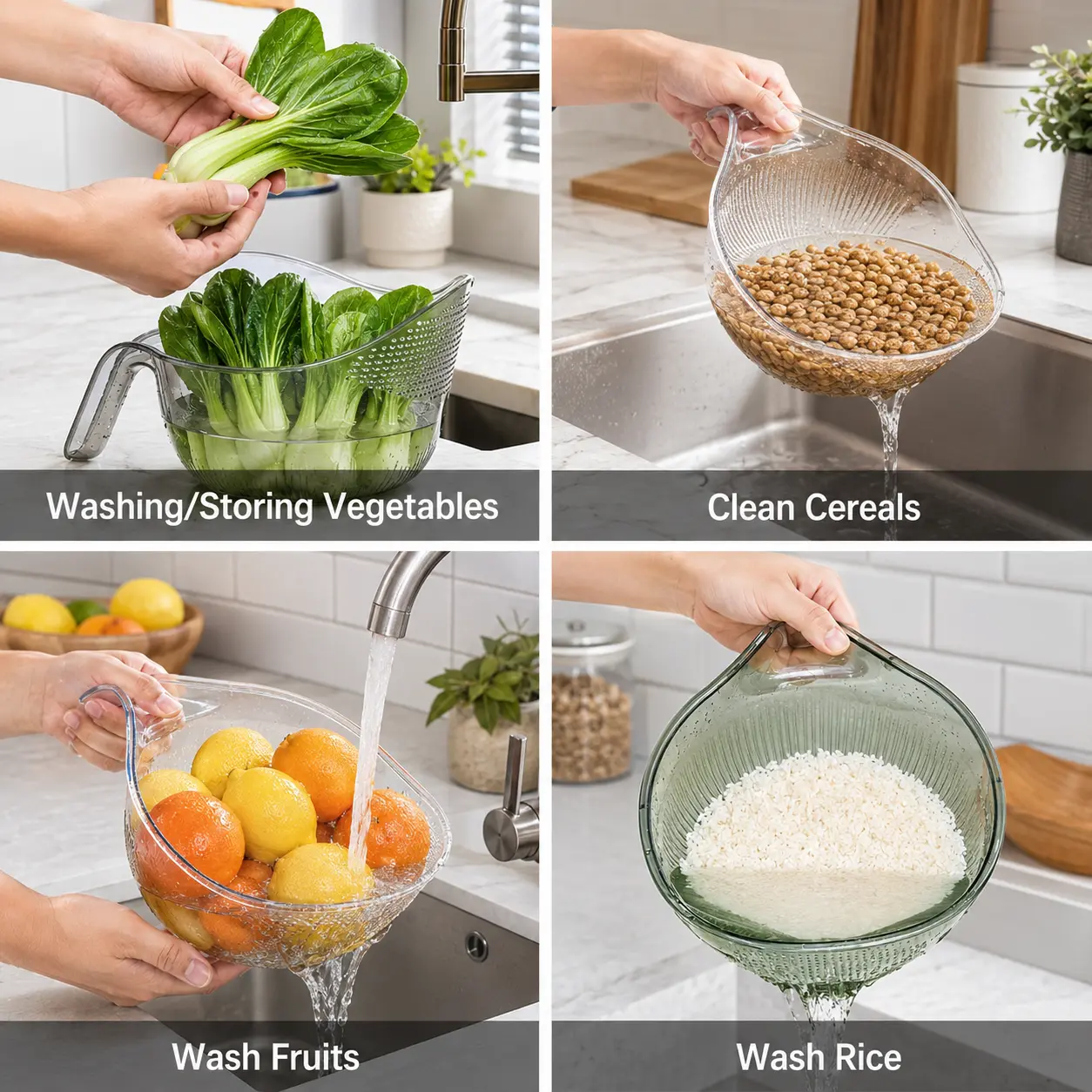 Multifunctional Rice Strainer with Handle - Clear BPA-Free Kitchen Colander - Rinse and Drain in One Step