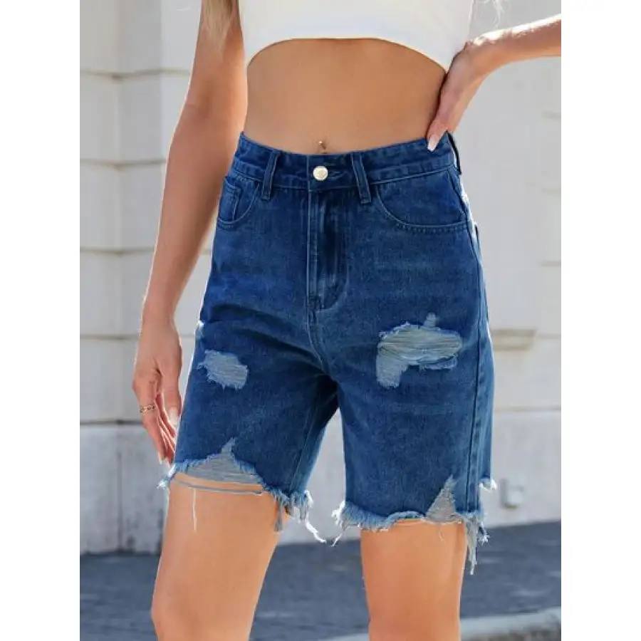 Versatile Distressed Raw Hem Denim Shorts