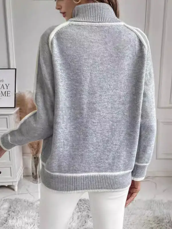 Paneled High Neck Long Sleeve Relaxed Fit Sweater