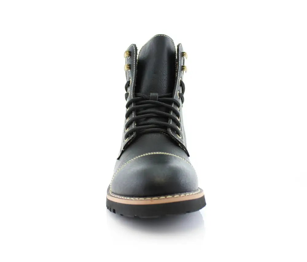Faux-Leather Lace-Up Stitched Motorcycle Boots