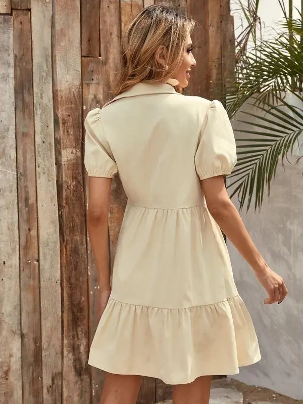 Women Puff Sleeve Button Front Shirt Smock Dress