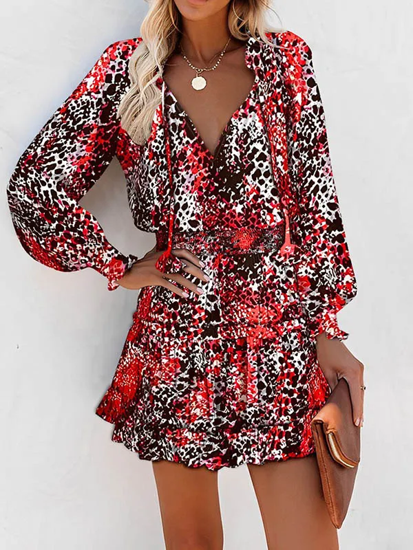 A Line Long Sleeve Contrast Color Leopard Pleated Split Joint Tied