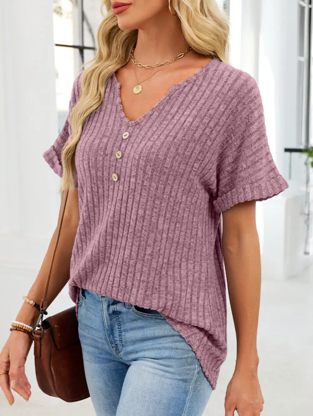 V Neck Button Front Loose Ribbed Tee
