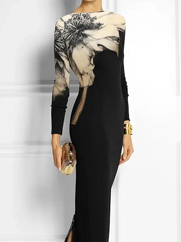 Floral Printed Long Neck Maxi Dress