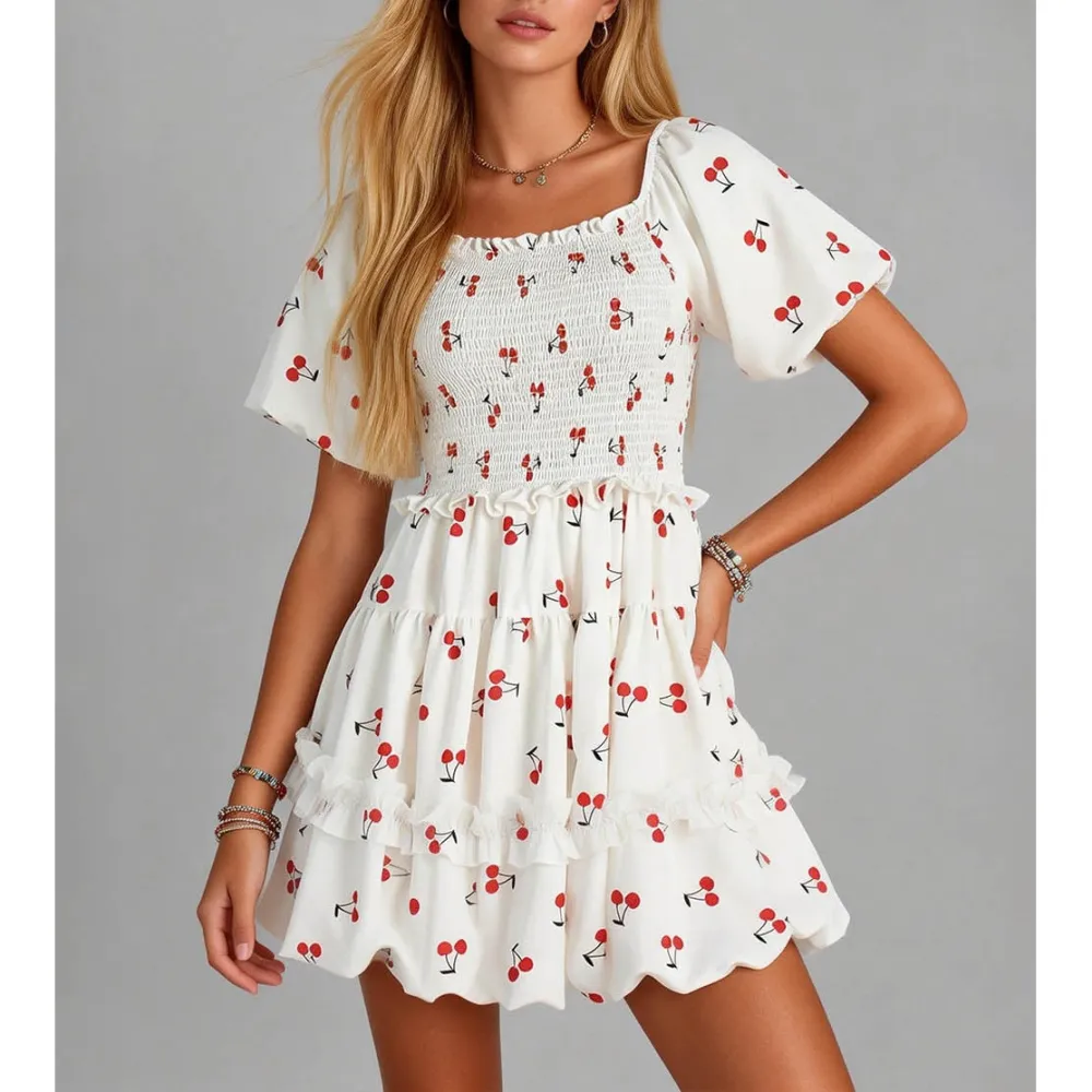 Square Neck Cherry Puff Sleeves Mini Dress