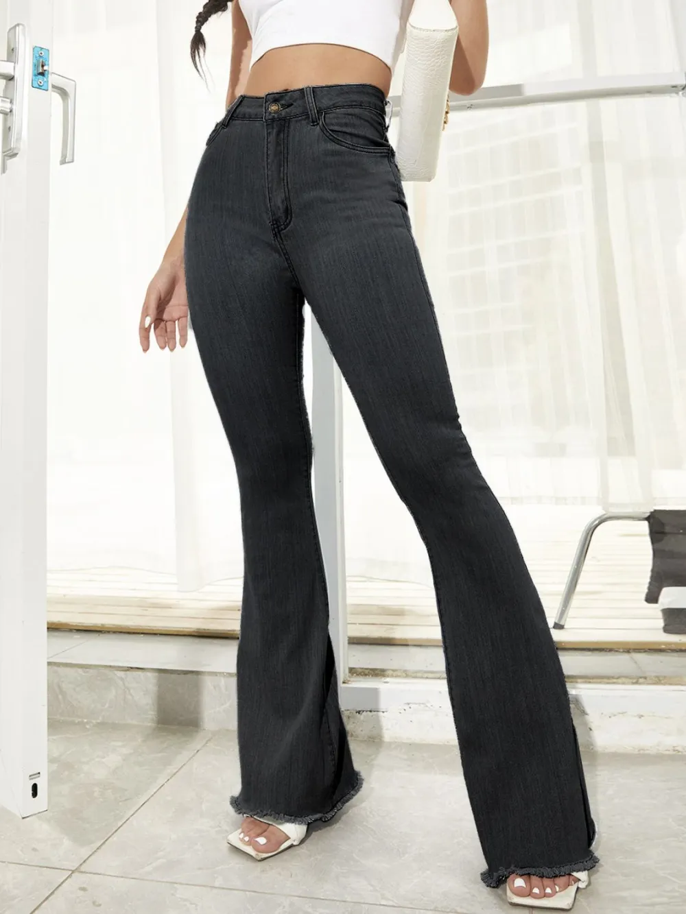 Classic High Waist Flare Leg Raw Denim Jeans