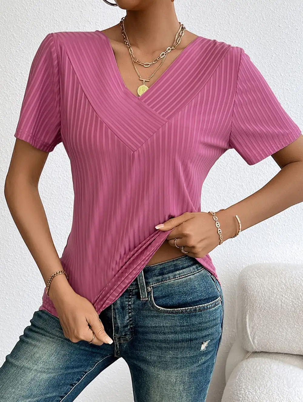 Relaxed V Neck Ribbed Tee