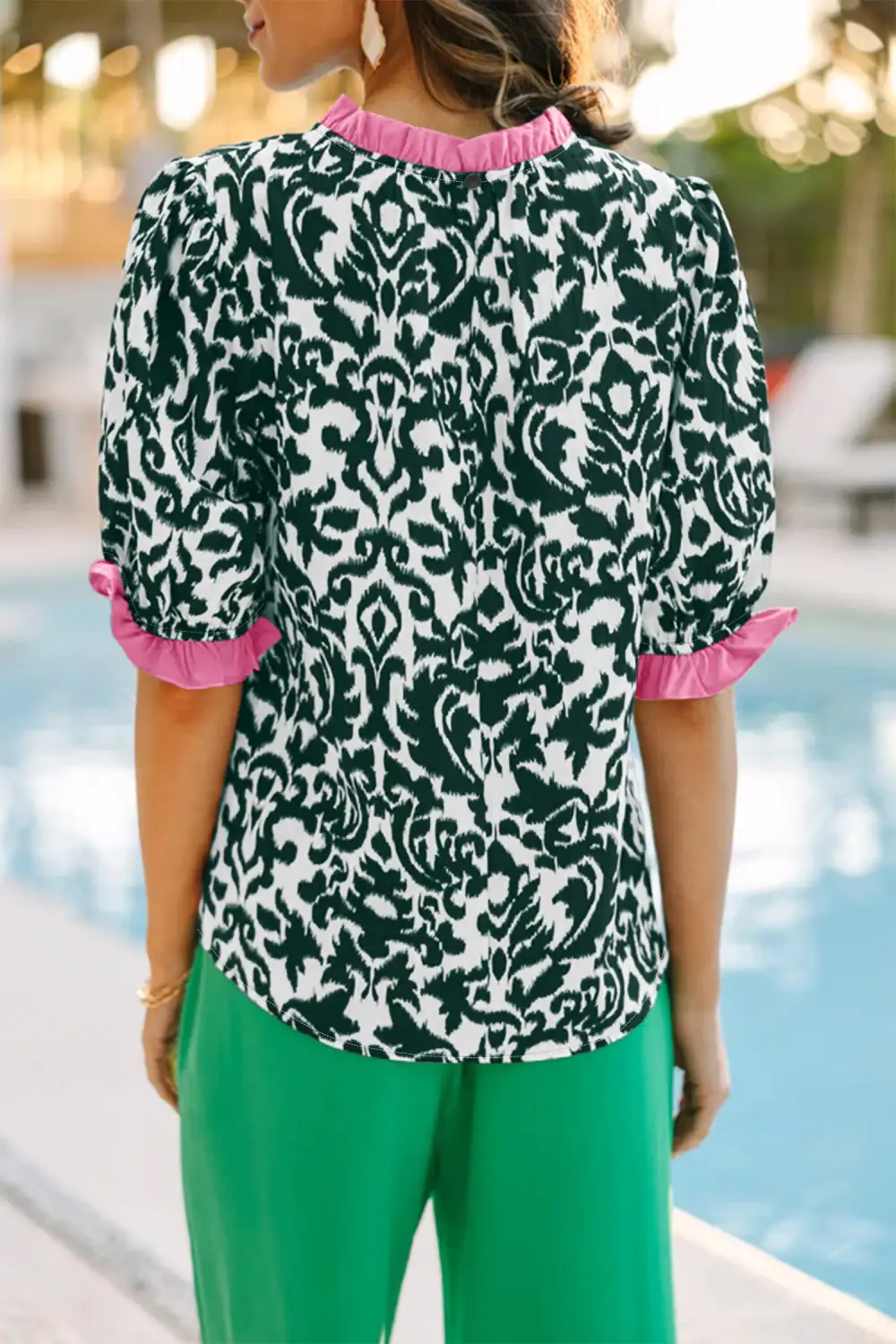Green Damask Print Ruffled Color Block Detail Half Sleeve Blouse