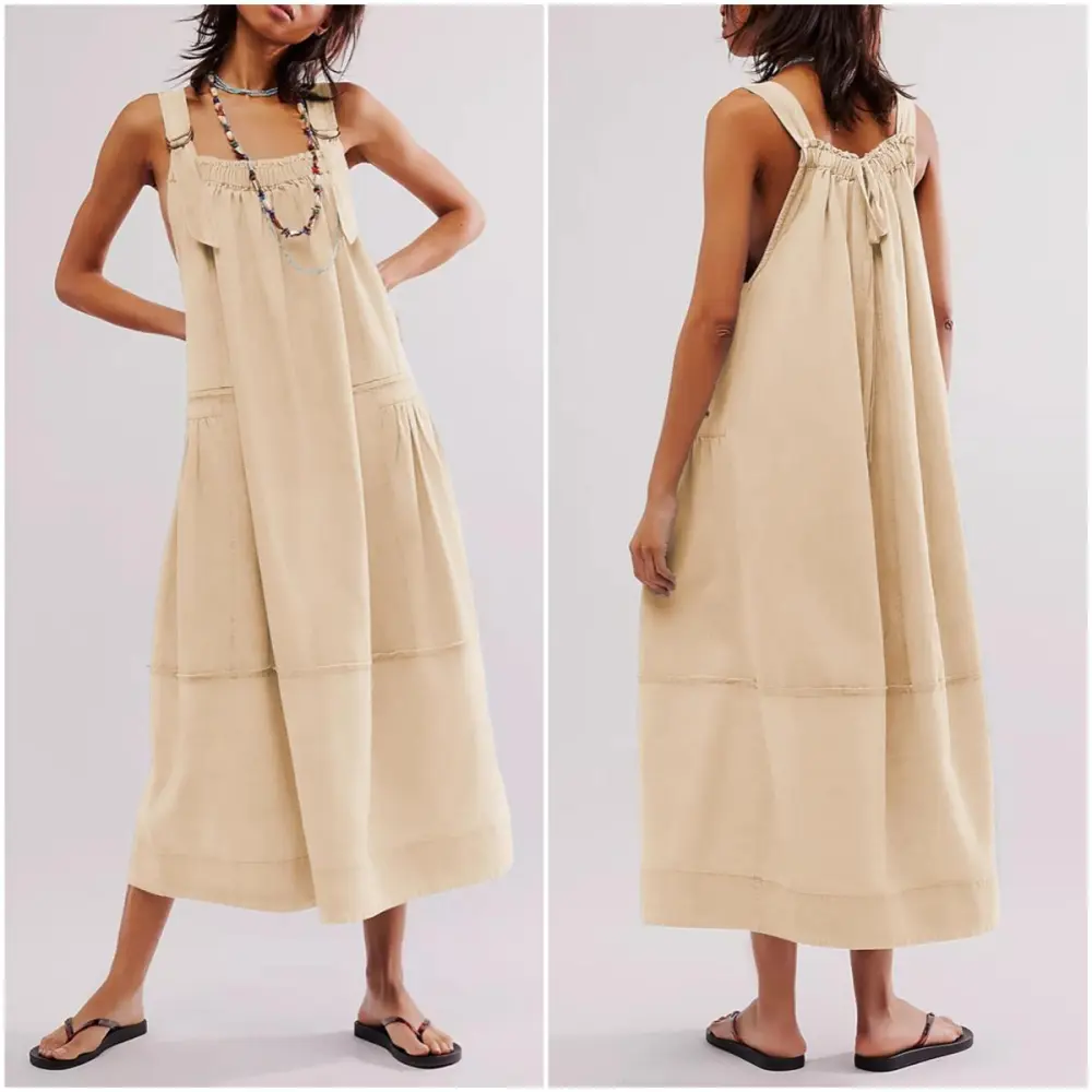 Women's Barrel Midi Dress Sleeveless Strappy Maxi Dress with Big Pockets & Adjustable Straps Minimalist Basic Casual Fall Dress