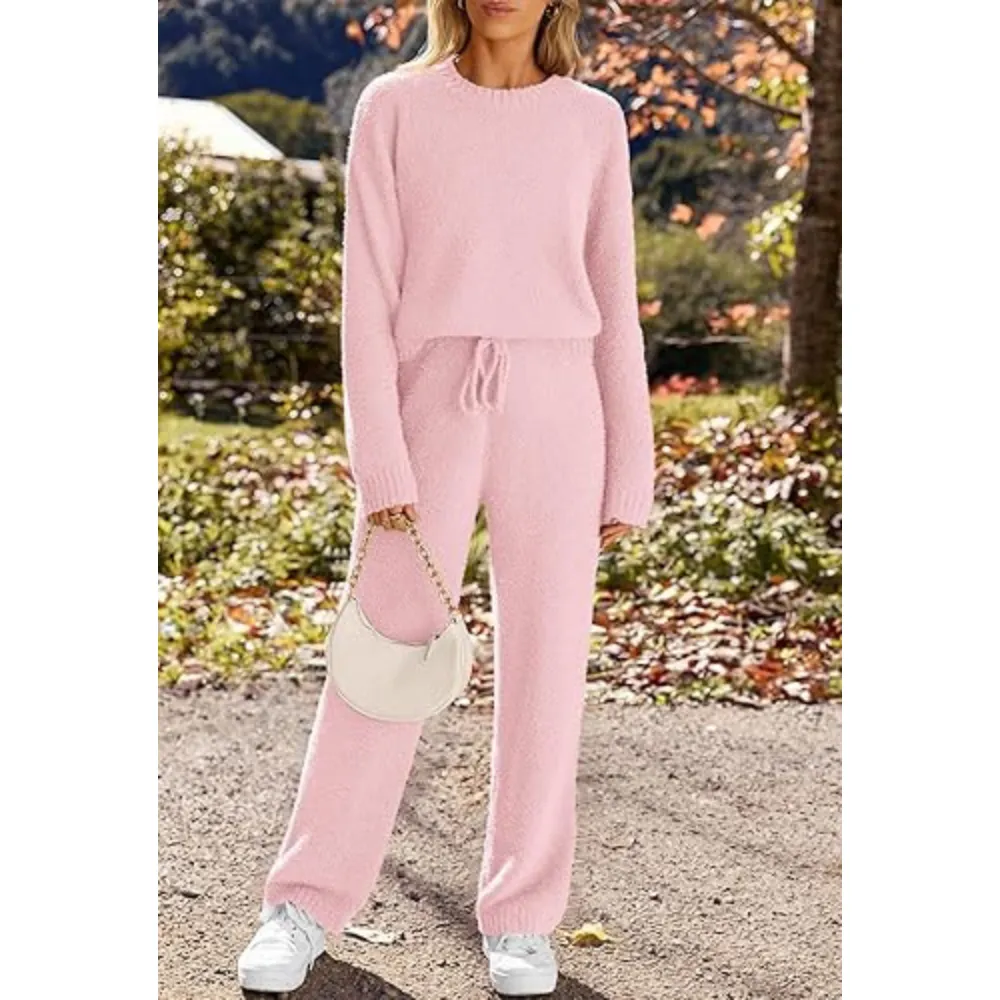 Womens Fuzzy Fleece Long Sleeve 2 Piece Loungewear Outfits Sweater Pants Pajama Sets