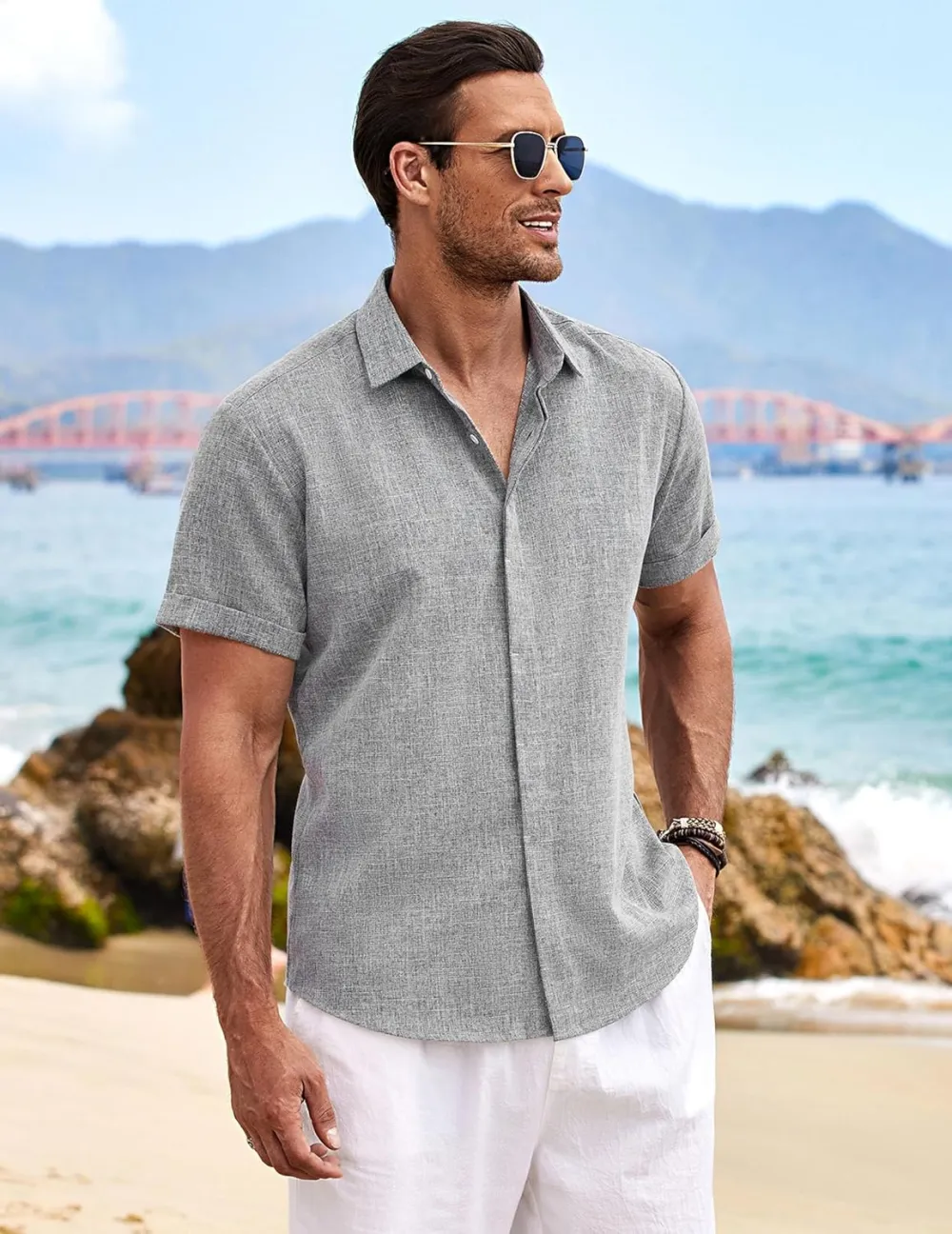 Men's Linen Shirts Short Sleeve Casual Shirts Button Down Shirt for Men Beach Summer Wedding Shirt