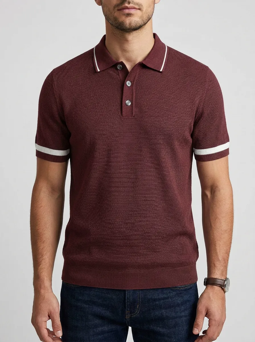 Men's Classic Knit Ribbed Textured Striped Polo Shirt