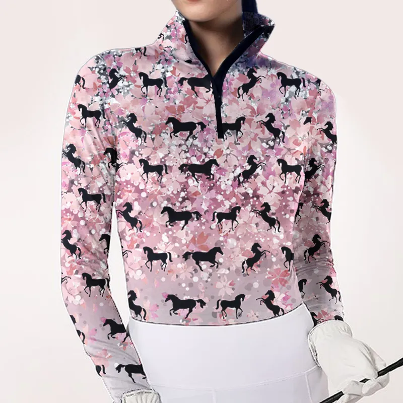Spring, Summer, Autumn and Winter Women's Equestrian Style Maple Leaf Horse Print Long Sleeve Casual Shirt