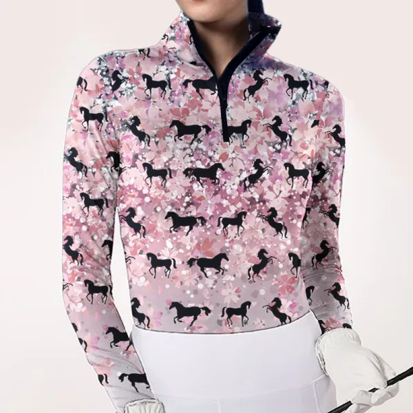 Spring, Summer, Autumn and Winter Women's Equestrian Style Maple Leaf Horse Print Long Sleeve Casual Shirt