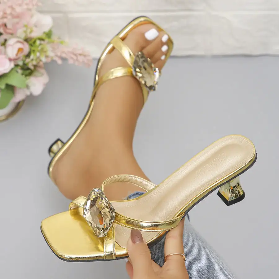 Rhinestone Open Toe Low Heels Sandals
