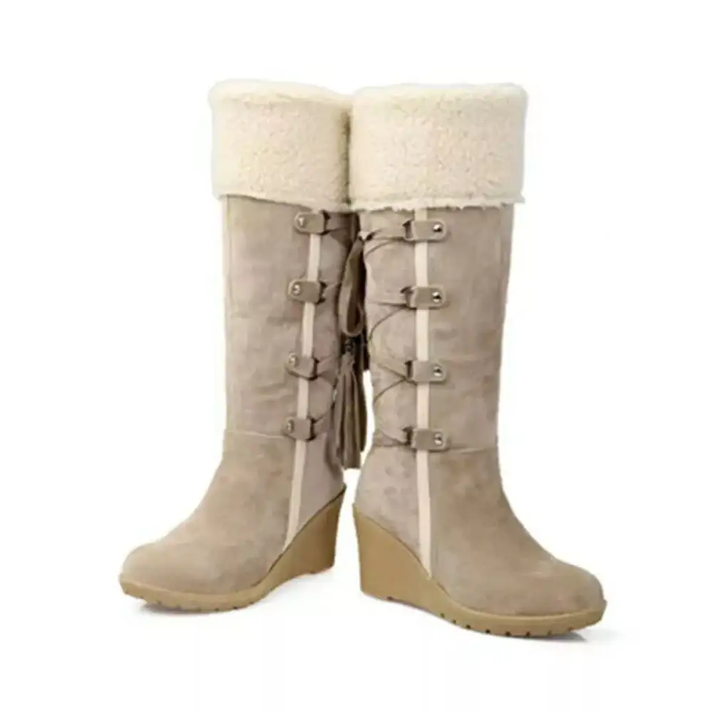 Suede Wedge Boots with Fur Cuff