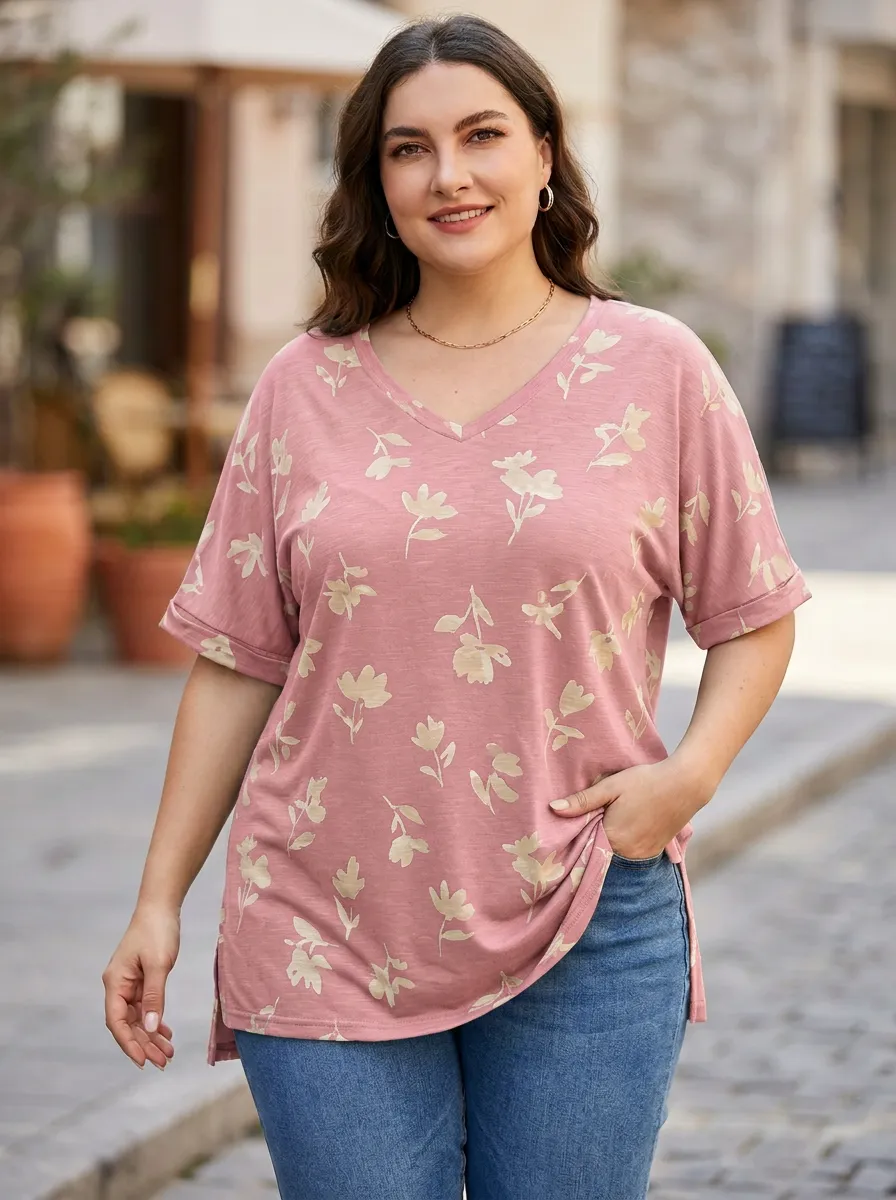 Women's Plus Size Floral Pattern Printed V-Neck Loose T-Shirt
