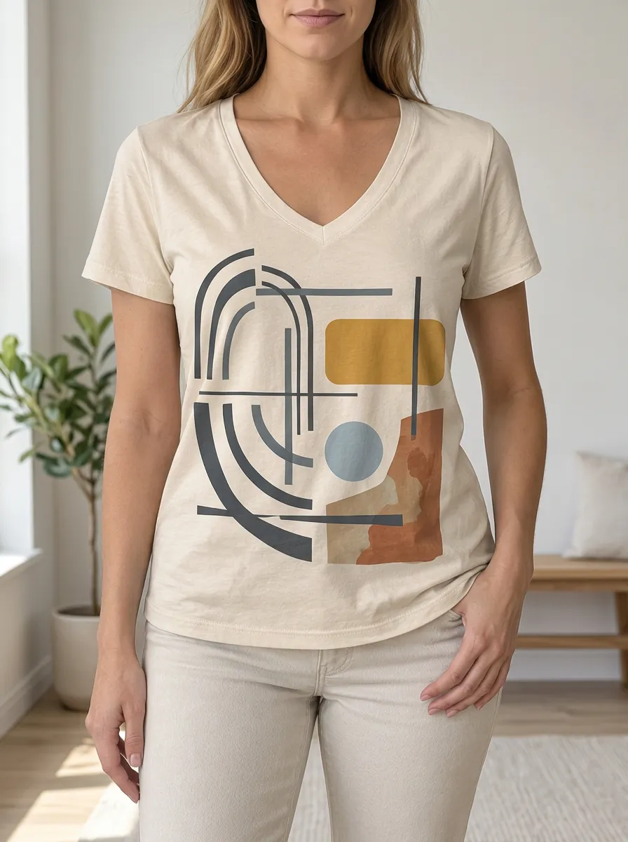 Women's Layered Abstract Geometric Art V-Neck T-Shirt