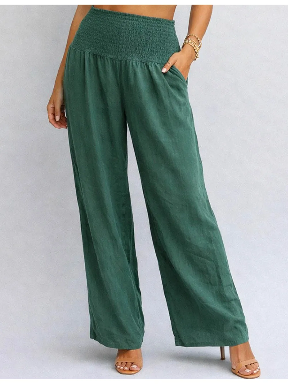 Solid Color Elastic Waist Smocked Wide Leg Pants