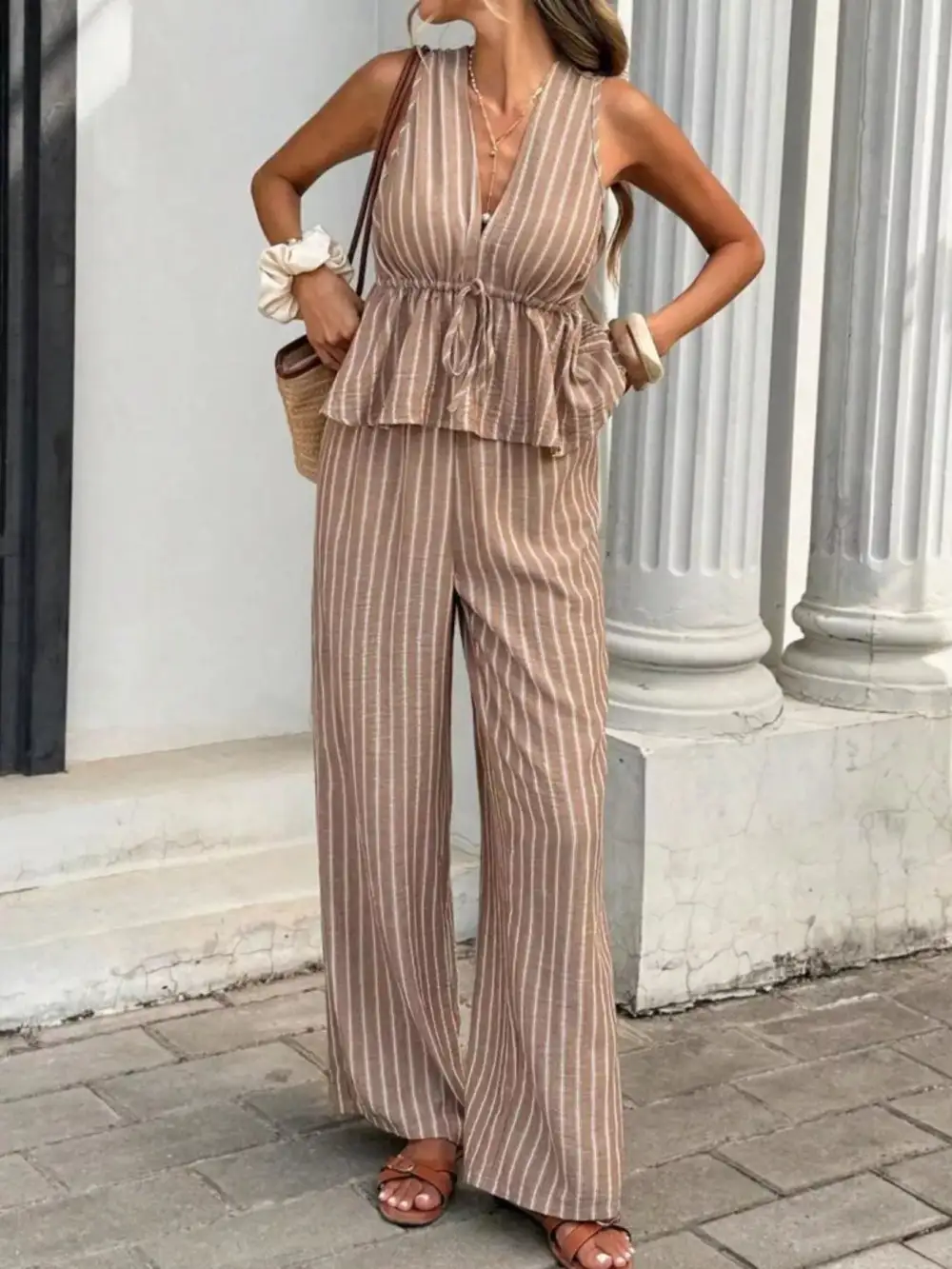 Striped Sleeveless Top and Wide Leg Pants Set