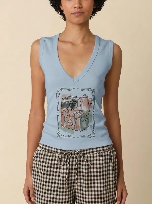 Women's Travel Lover Vintage Camera Suitcase Printed Tank Top