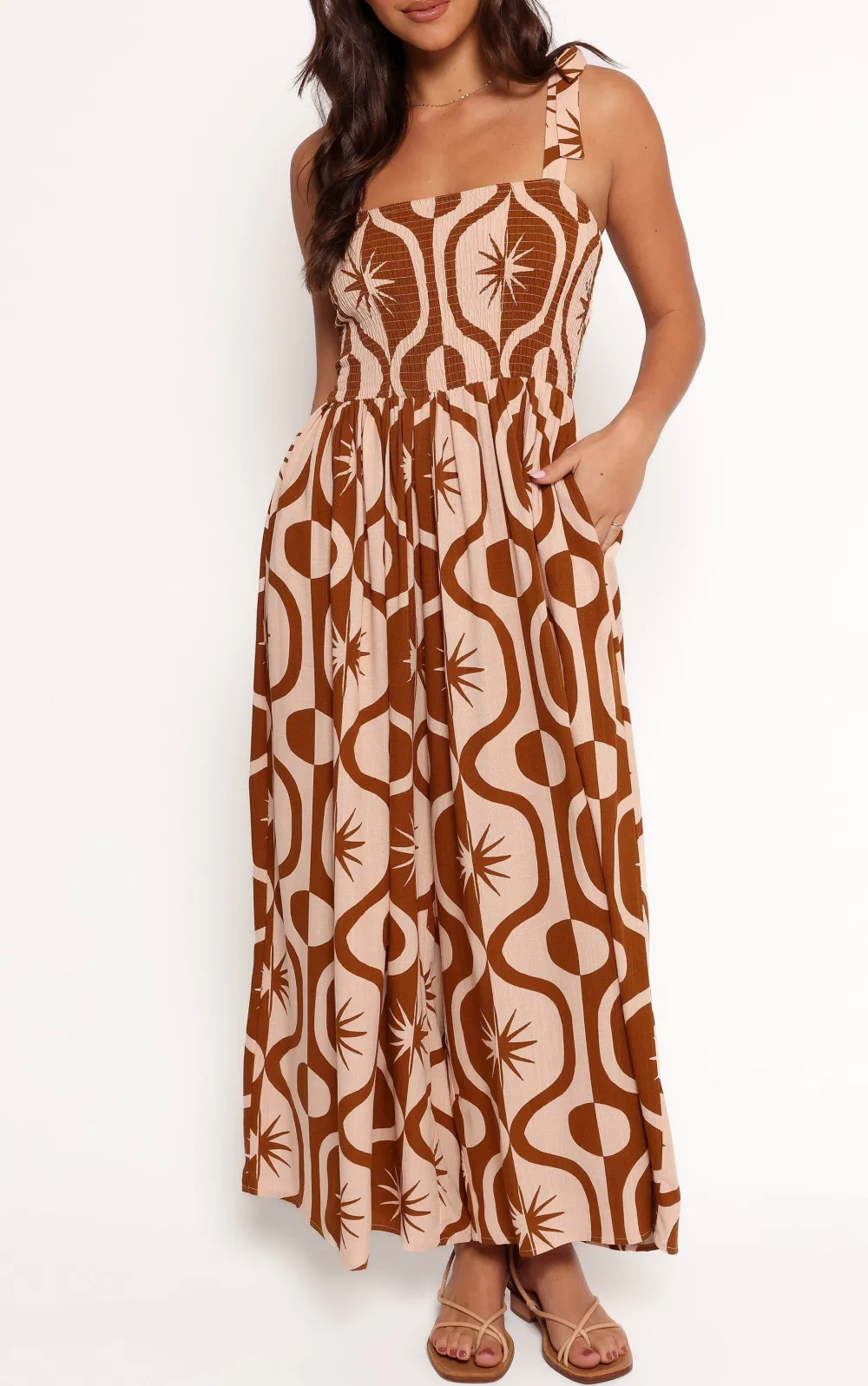 Wide-Leg Pocket Sleeveless Linen Printed Jumpsuit