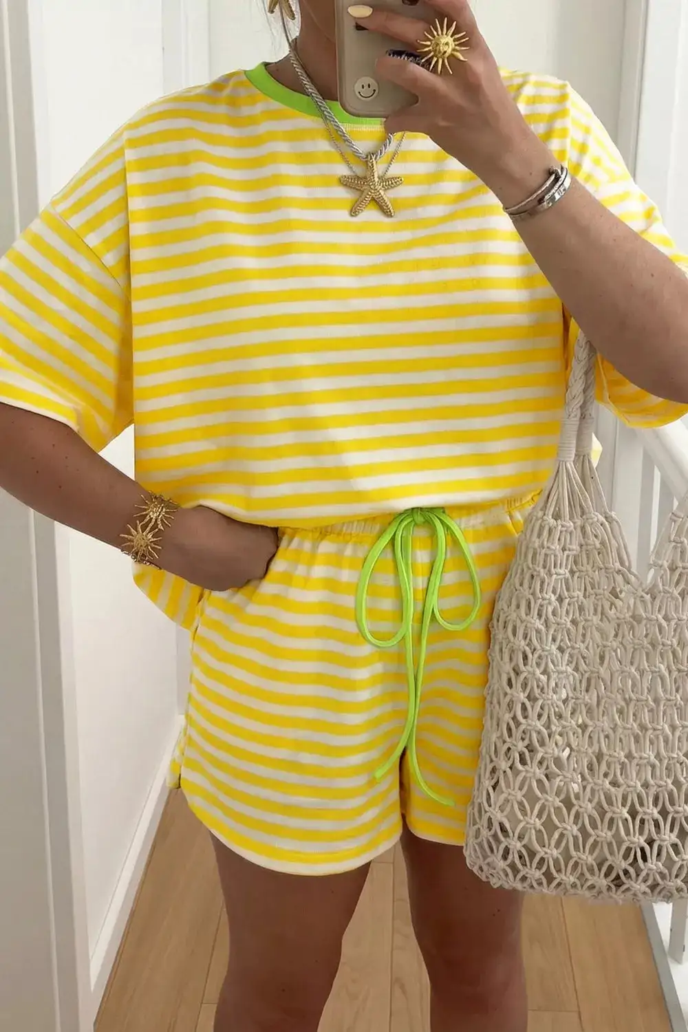 Stripe Contrast Neck Loose Tee Drawstring Shorts Set