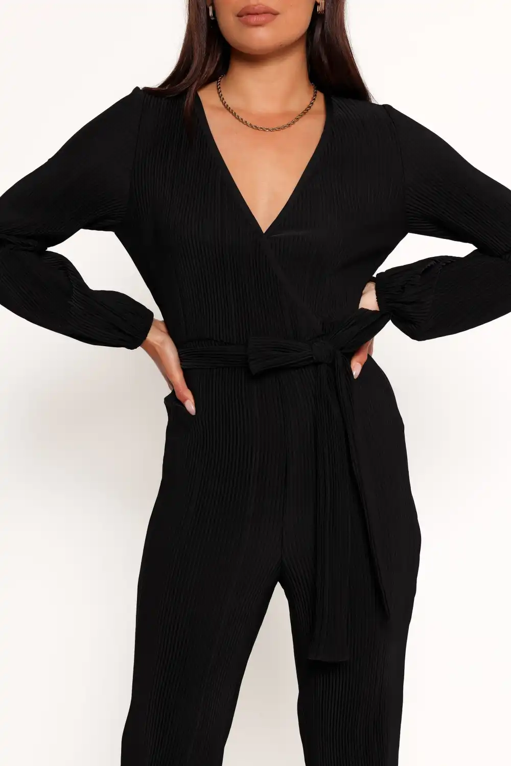 V-Neck Straight-Leg Long-Sleeve Jumpsuit