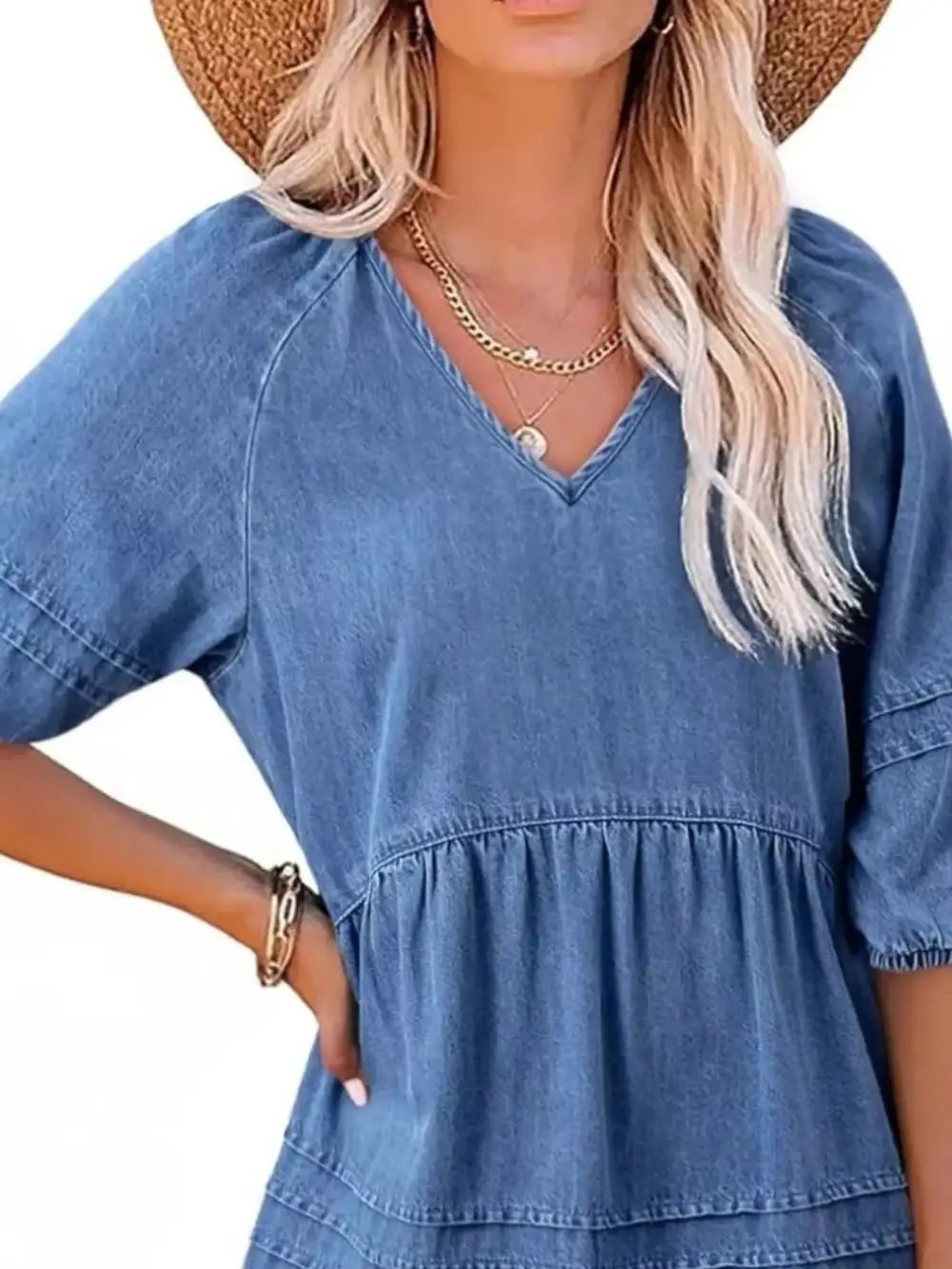 Denim V Neck Puff Sleeve Mini Dress