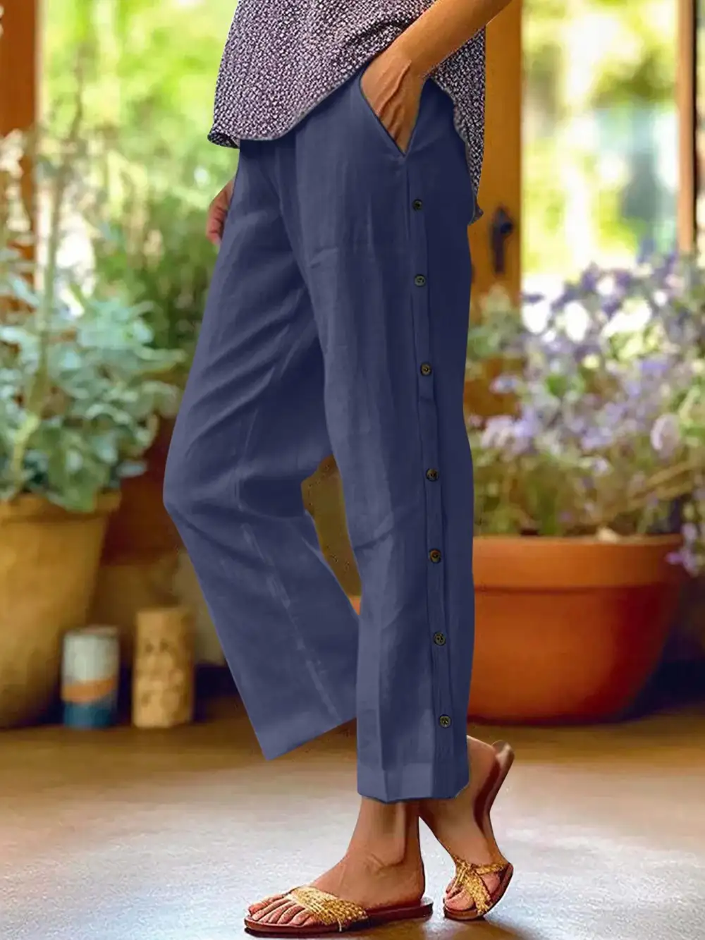 Side Decor Button Casual Wide Leg Pants