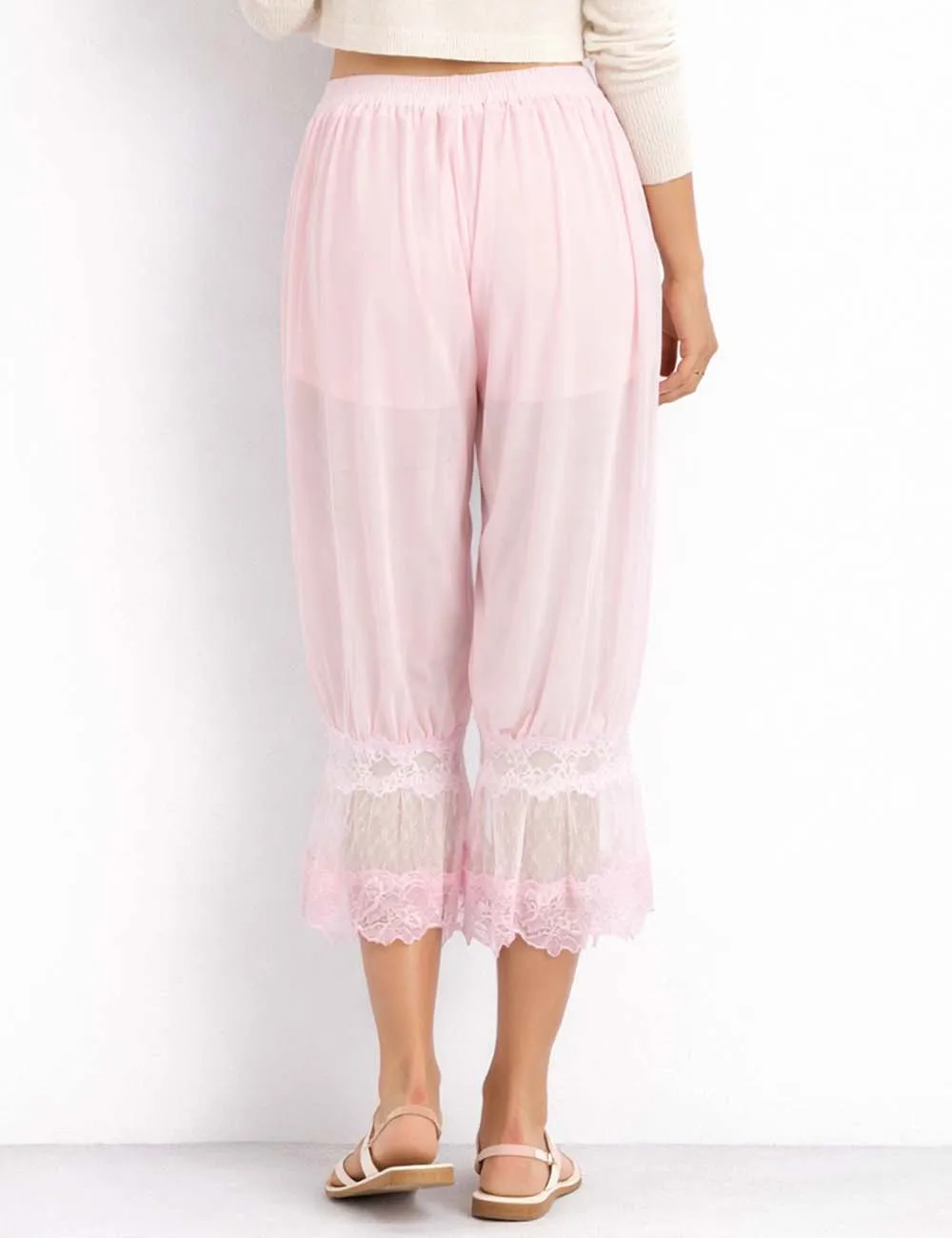 Sheer Lace Trim Bloomer Drawstring Waist Capri Pants