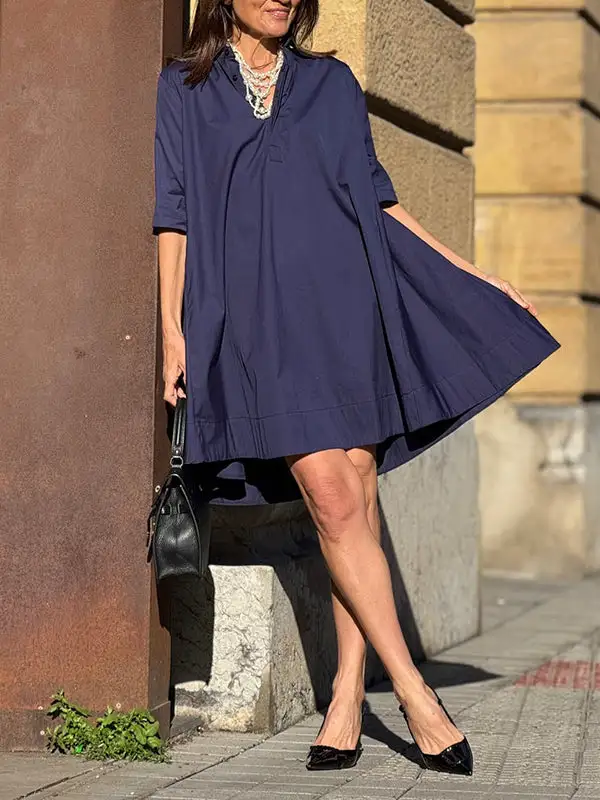 A Line Short Sleeve Solid Color Split Joint Lapel Mini Dress