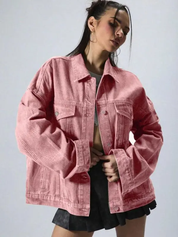 4-PACK Women's Solid Color Button Front Dropped Shoulder Denim Jacket