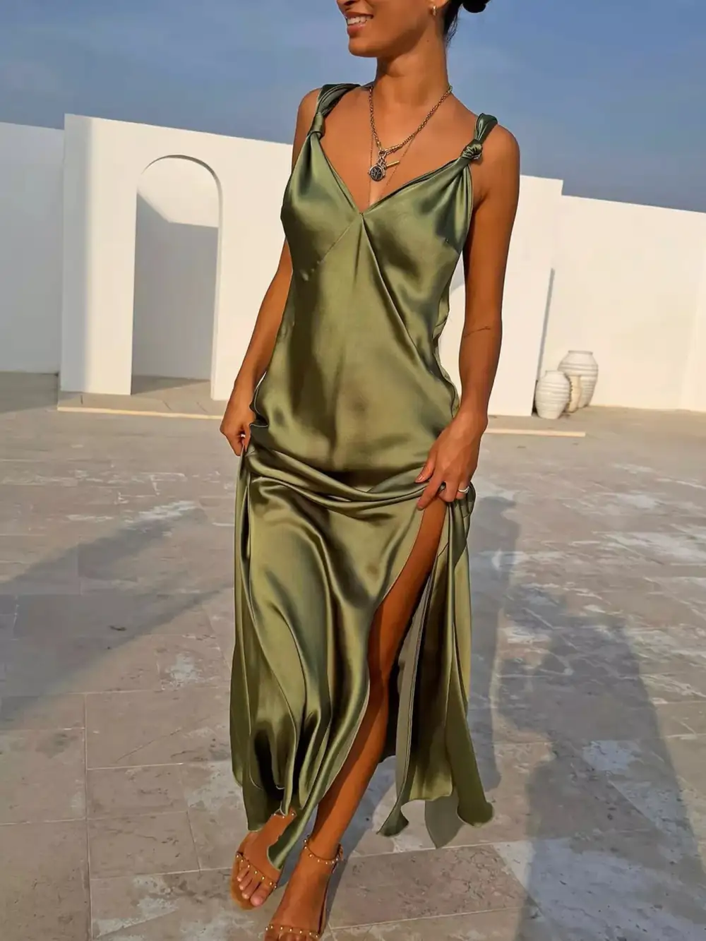 Satin V Neck Slit Maxi Dress