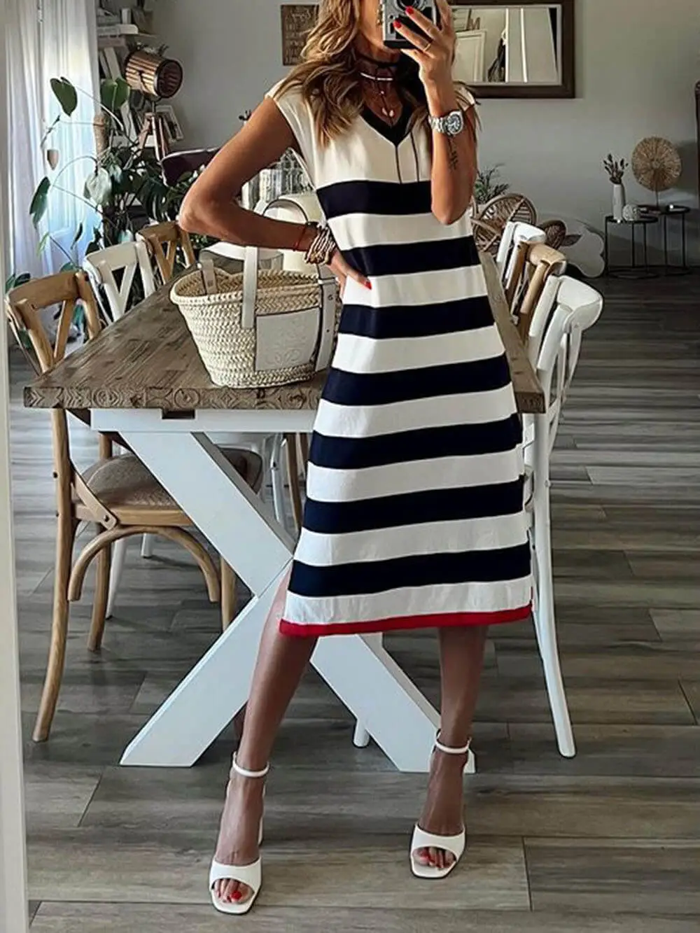 Classic Stripe Print V Neck Slit Midi Dress
