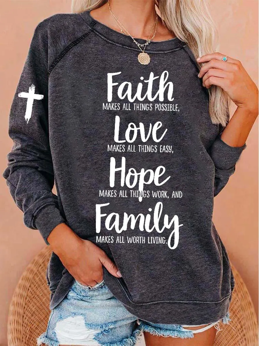 Women's Faith Love Hope Family Cross Print Sweatshirt