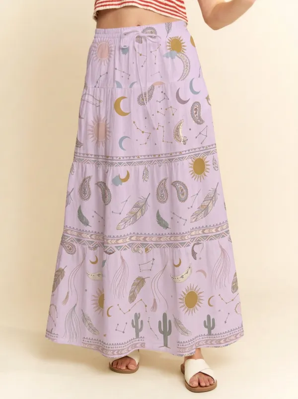Women's Boho Celestial Sun Moon Feather Cactus Printed Maxi Skirt