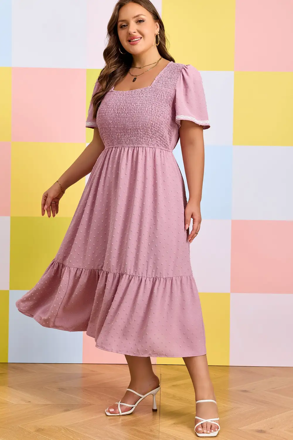Smocked Short Sleeve High Waist Midi Dress