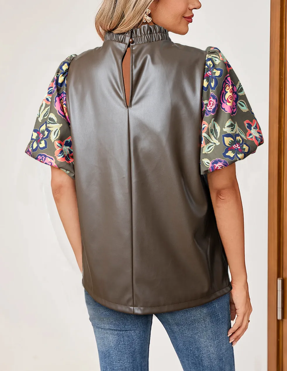 Four Leaf Clover Floral Bubble Sleeve Patchwork Leatherette Frilled Round Neck Blouse