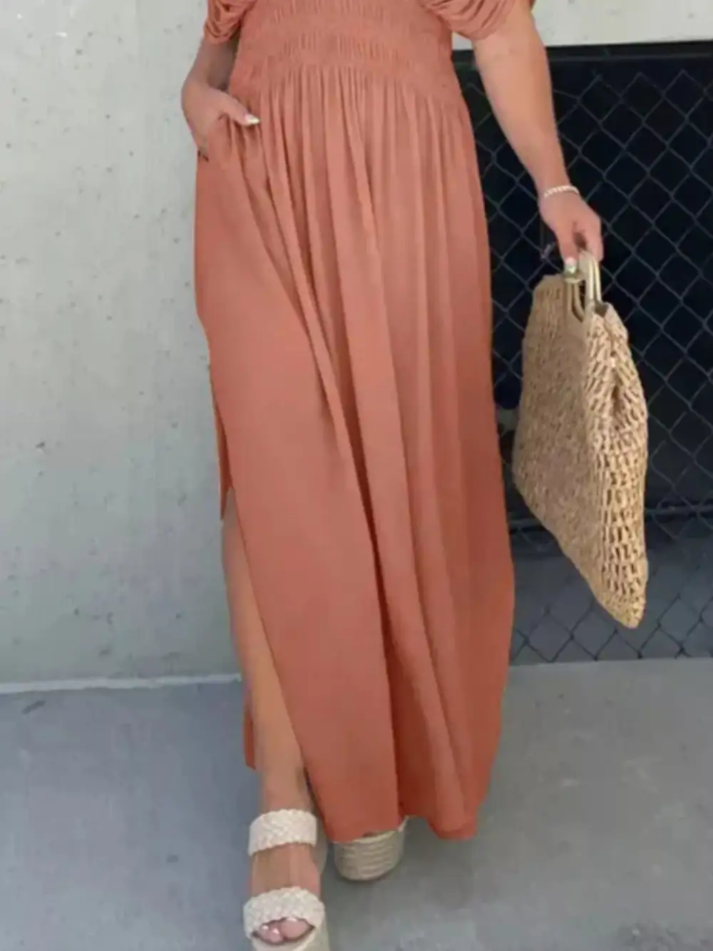 V Neck Smocked Slit Maxi Dress