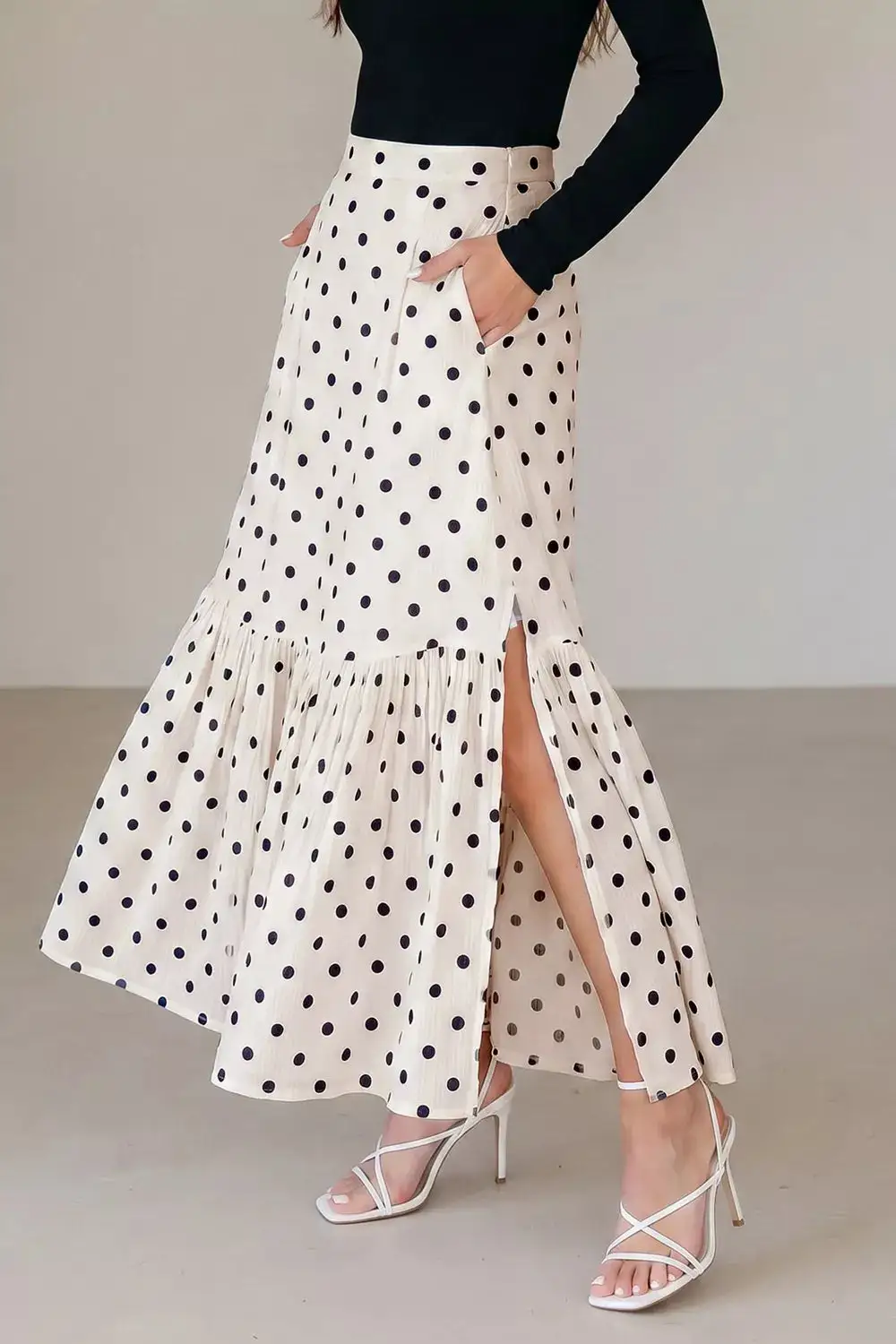 Polka Dot Ruffled Slit Maxi Skirt