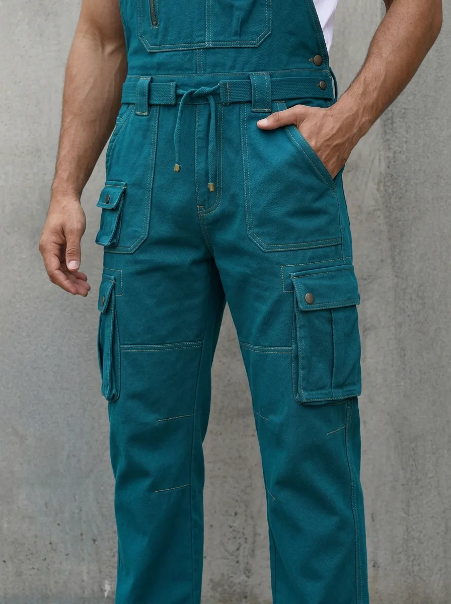 Men's Tactical Olive Green Multi-Pocket Cargo Overalls