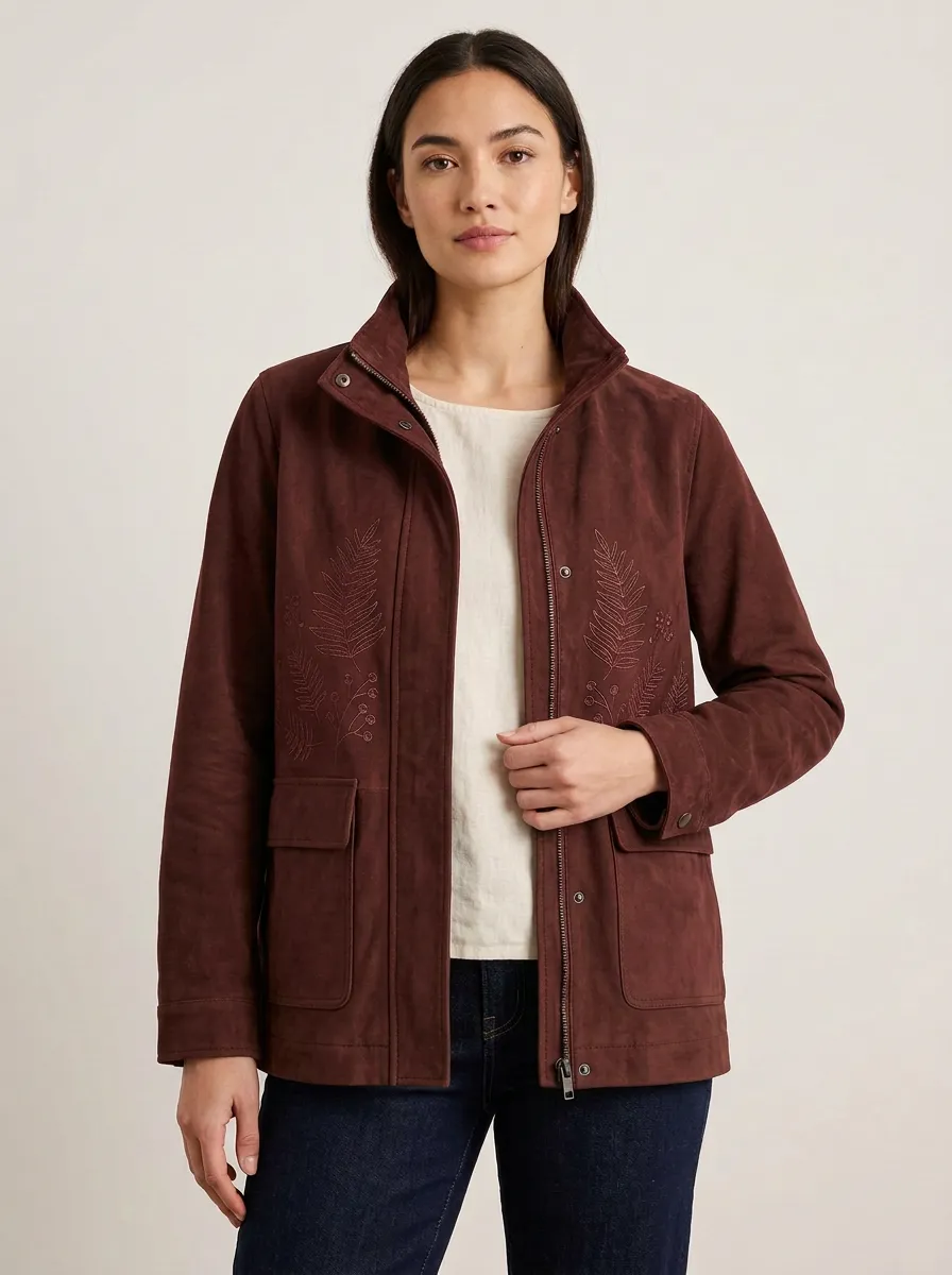 Women's Fern Leaf Embroidered Suede Jacket