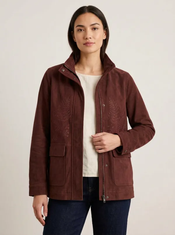 Women's Fern Leaf Embroidered Suede Jacket