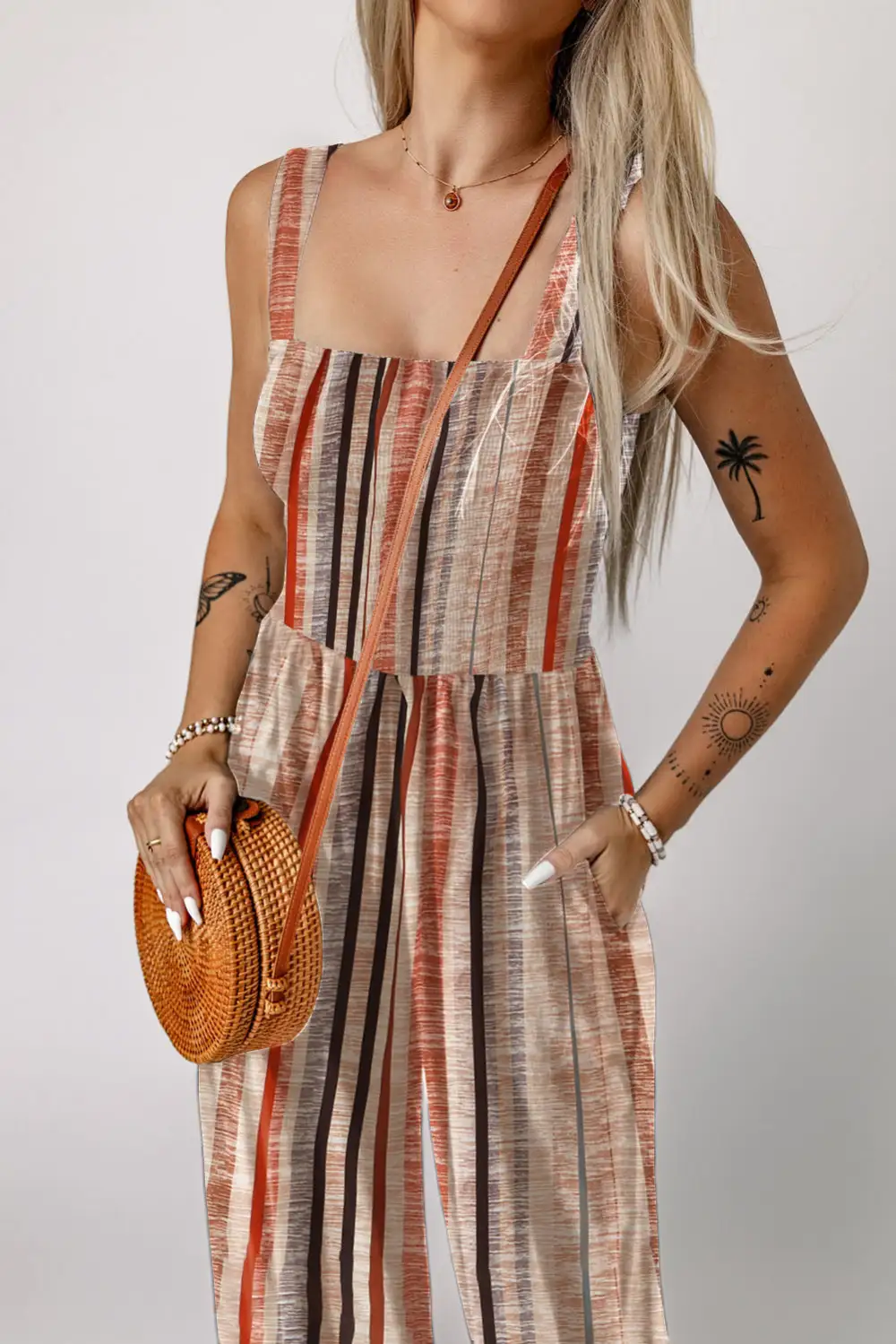 Stripe Square Neck Sleeveless Smocked Bodice Jumpsuit
