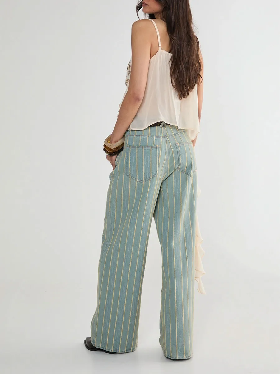 Women's Vintage-Style Stripe Wide-Leg Denim Pants