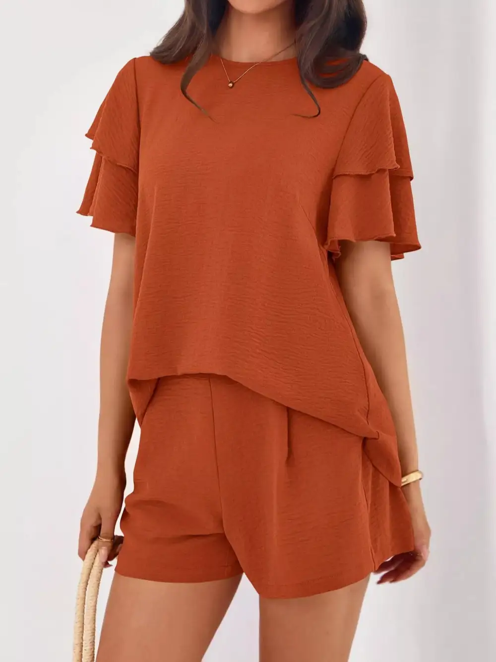 Ruffle Sleeve Top and Shorts Two-piece Set