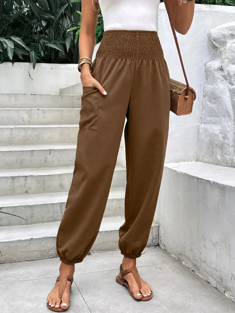 Relaxed Smocked High Waist Pants