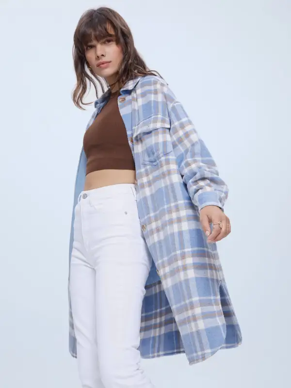 Plaid Long Brushed Wool Shirt Jacket