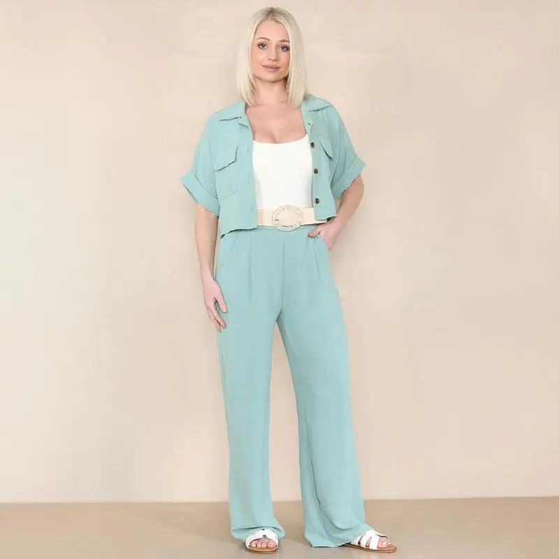 Women's Casual Button Front Flap Pocket Blouse & Wide Leg Trousers Co-ord, Crop Short Sleeve Shirt & High Waist Pants Two-Piece Set
